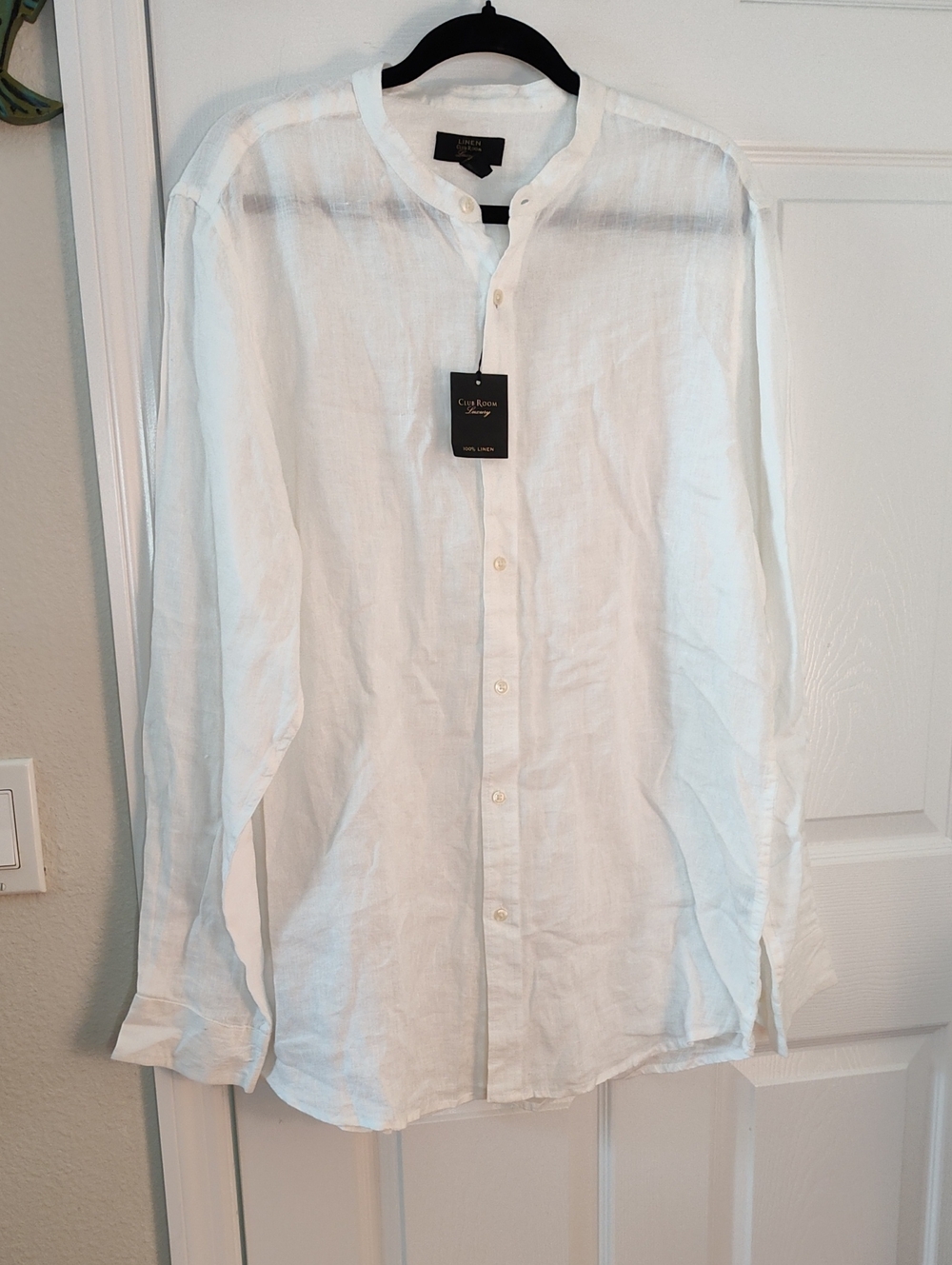 Club Room White Band-Collar Linen Button-Down Shirt